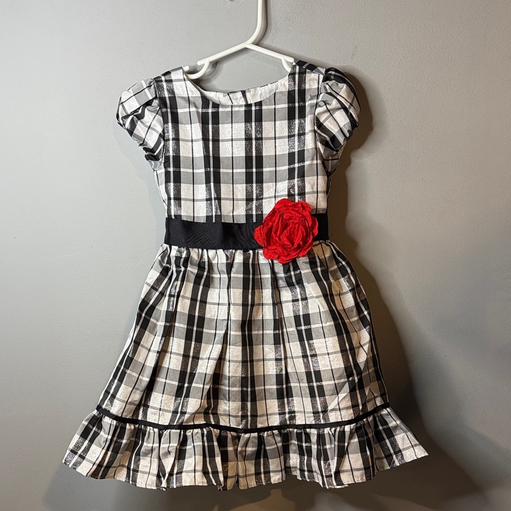 Plaid Kids Dress with Red Flower Accent